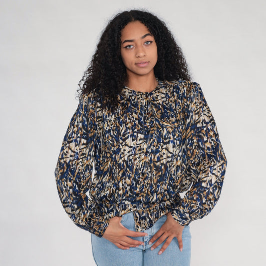 90s Leopard Abstract Animal Print Button-Up Blouse Long Sleeve Extra Large