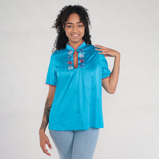 80s Turquoise Nylon Pajama Top Embroidered Floral Button-Up Shirt Large L
