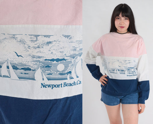 80s Newport Beach Sailboat Sweatshirt Pink White Blue Striped Raglan Medium