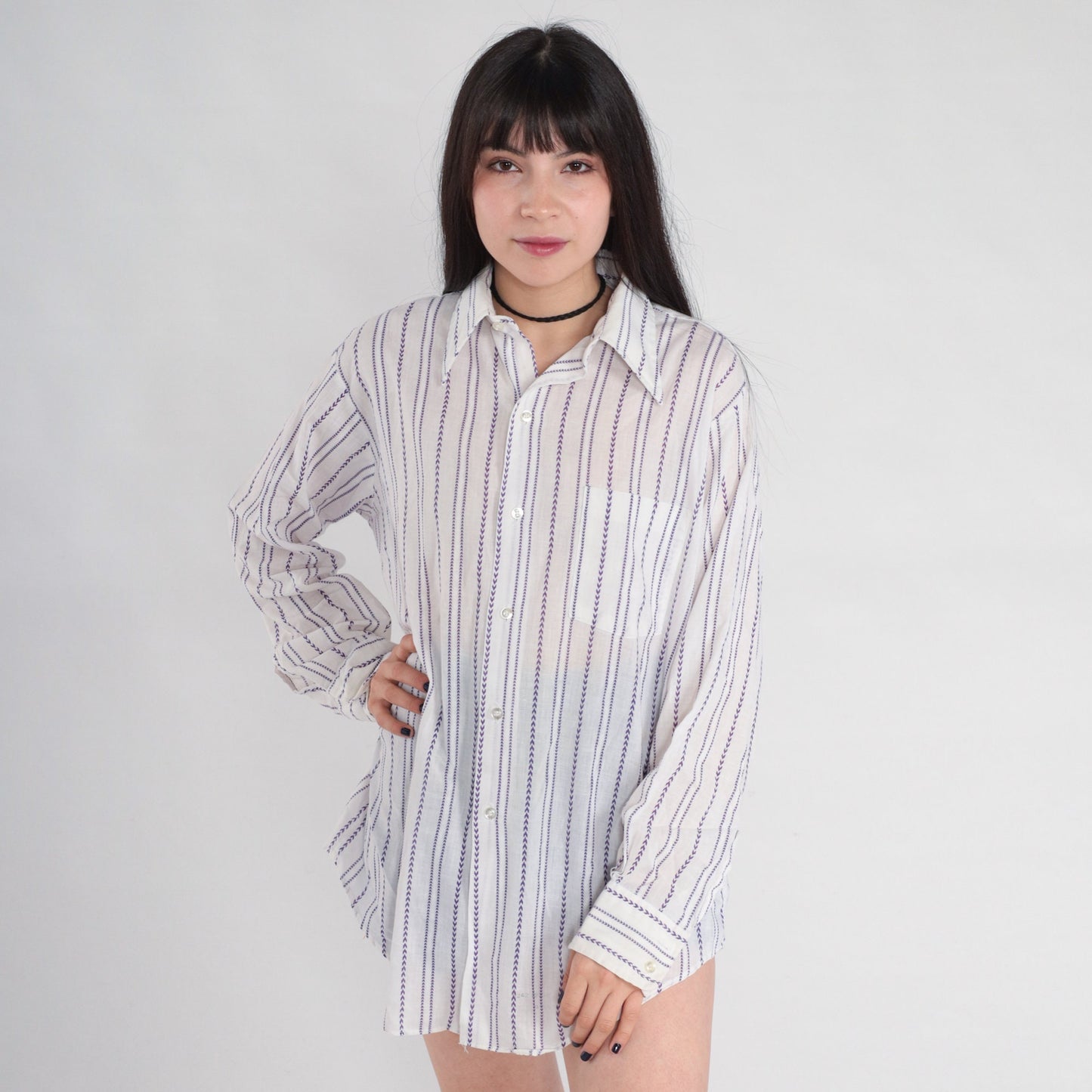 70s White Purple Chevron Striped Oxford Button-Up Shirt Cotton Mens Medium