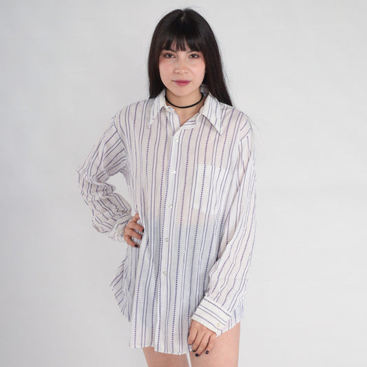 70s White Purple Chevron Striped Oxford Button-Up Shirt Cotton Mens Medium