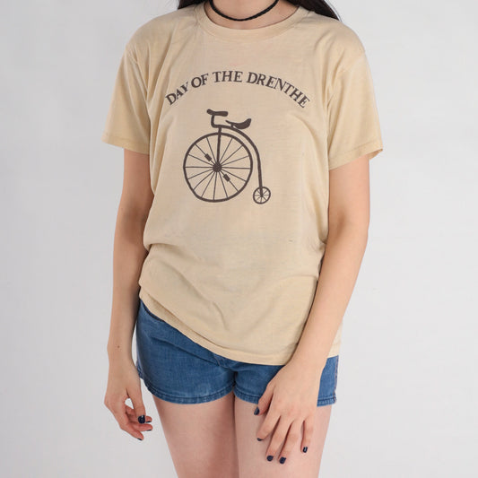 80s Day of the Drenthe Cycling Graphic T-Shirt Penny-Farthing Tan Single Stitch Small