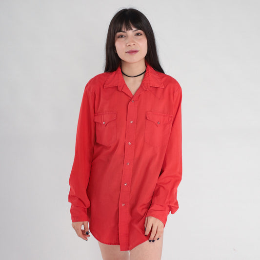 80s Carman Red Pearl Snap Western Shirt Long Sleeve Medium