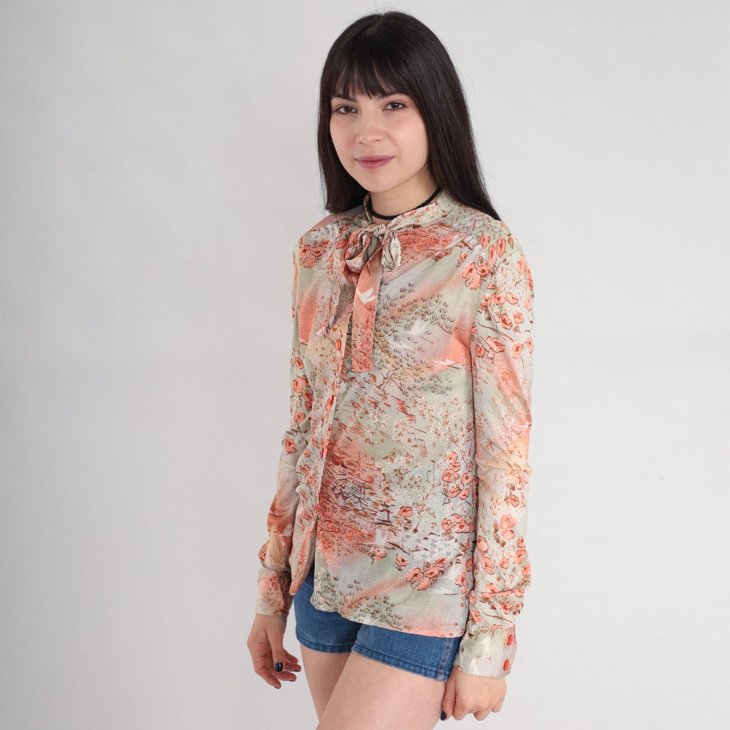 70s Floral Bird Village Print Ascot Blouse Pink Orange Green Long Sleeve Small