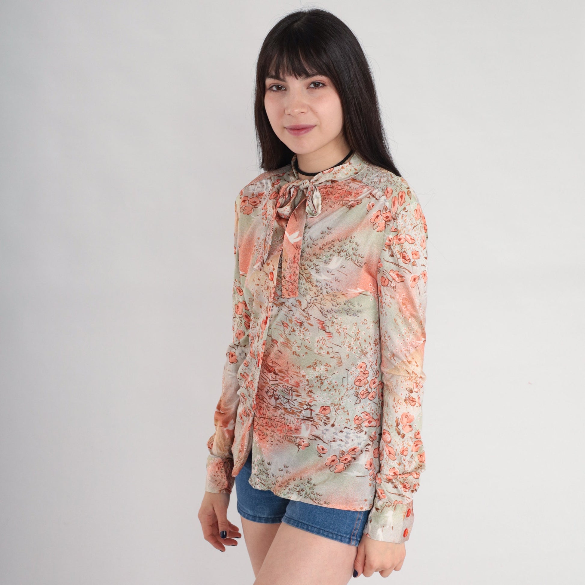 70s Floral Bird Village Print Ascot Blouse Pink Orange Green Long Sleeve Small