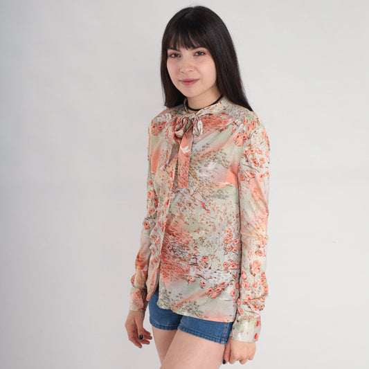 70s Floral Bird Village Print Ascot Blouse Pink Orange Green Long Sleeve Small