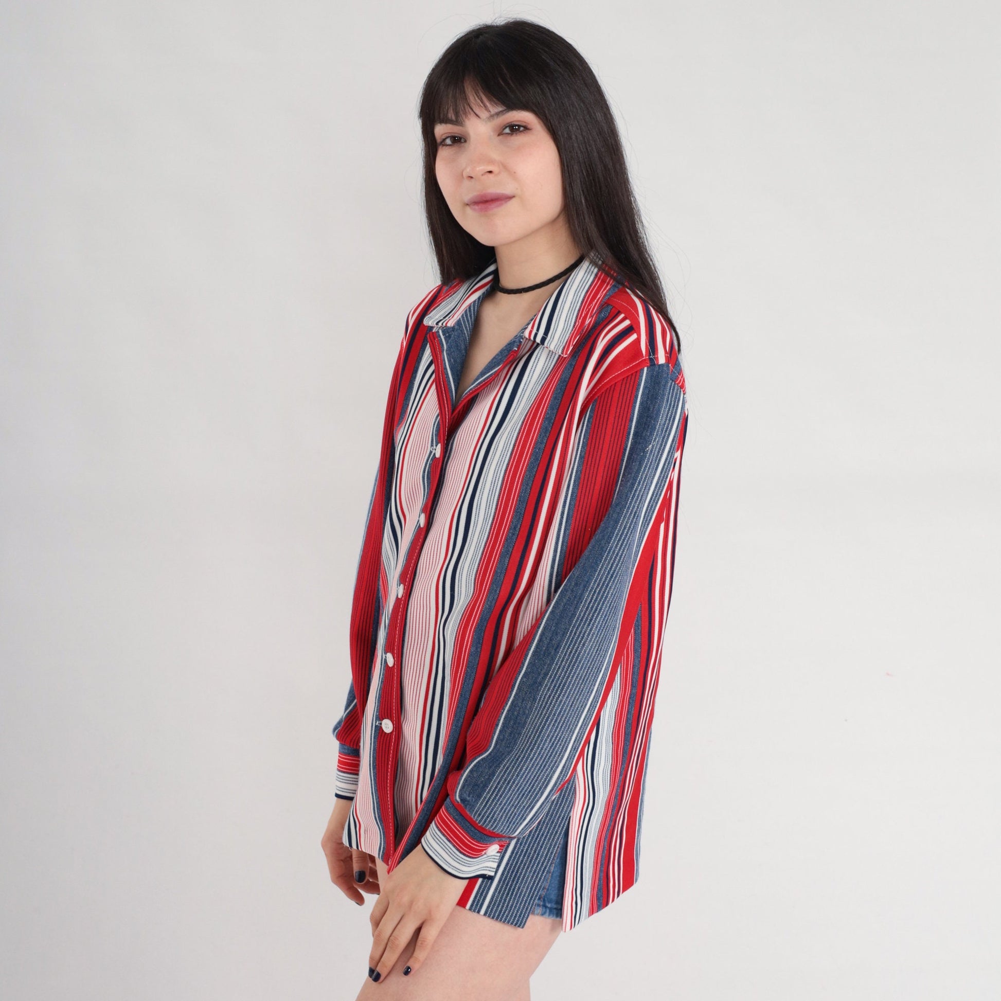 70s Red White Blue Striped Button Up Blouse Notched Collar Long Sleeve Medium Large