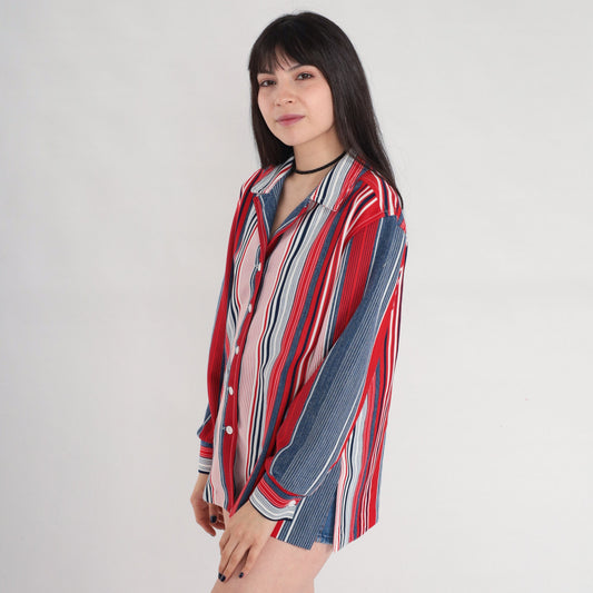 70s Red White Blue Striped Button Up Blouse Notched Collar Long Sleeve Medium Large