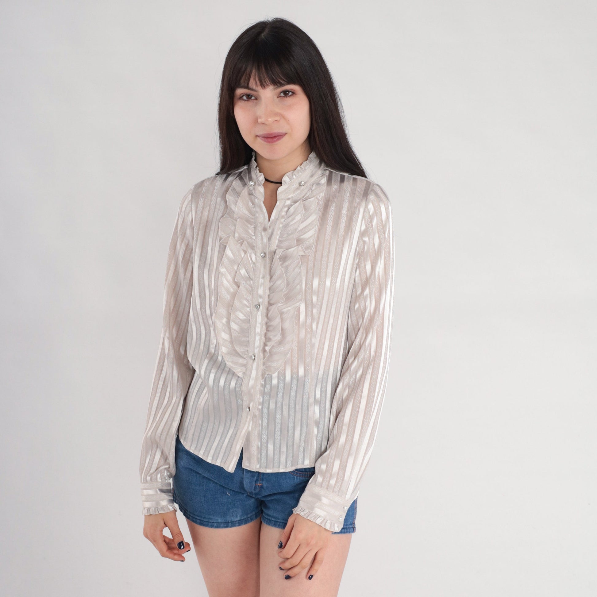 Y2K White Striped Tuxedo Ruffle Blouse Rhinestone Buttons High Neck Medium