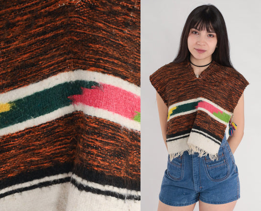 80s Woven Poncho Brown Southwestern Fringe Open Side Cape Extra Small