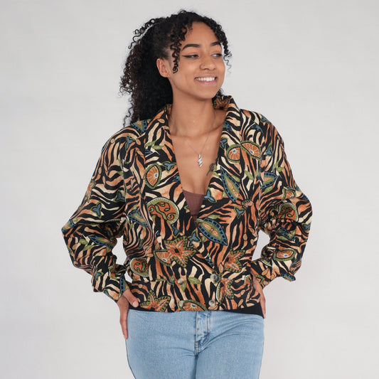 00s Silk Tiger Stripe Windbreaker Jacket Floral Deep V Black Burnt Orange Large