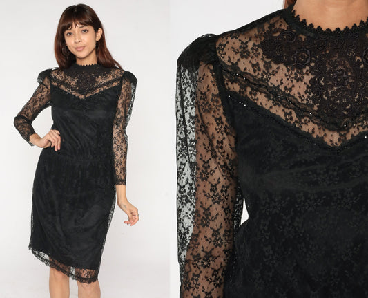80s Scott McClintock Black Lace Midi Dress Beaded Illusion Neckline Small