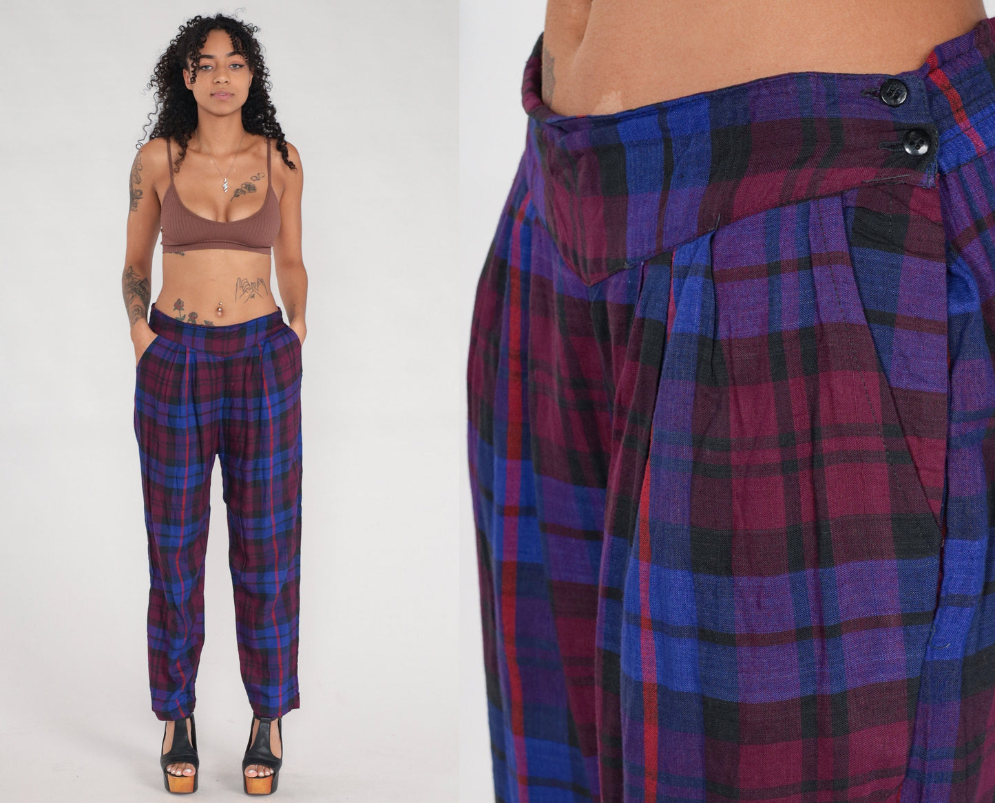 90s Plaid Tapered Trousers Purple Blue High Waisted Pleated Rayon Large