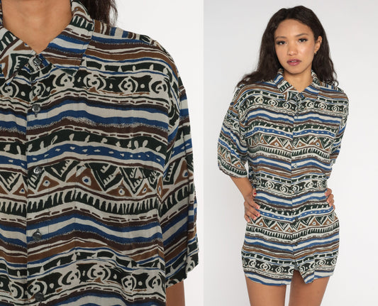 90s No Justice Striped Geometric Button Up Shirt Extra Large XL