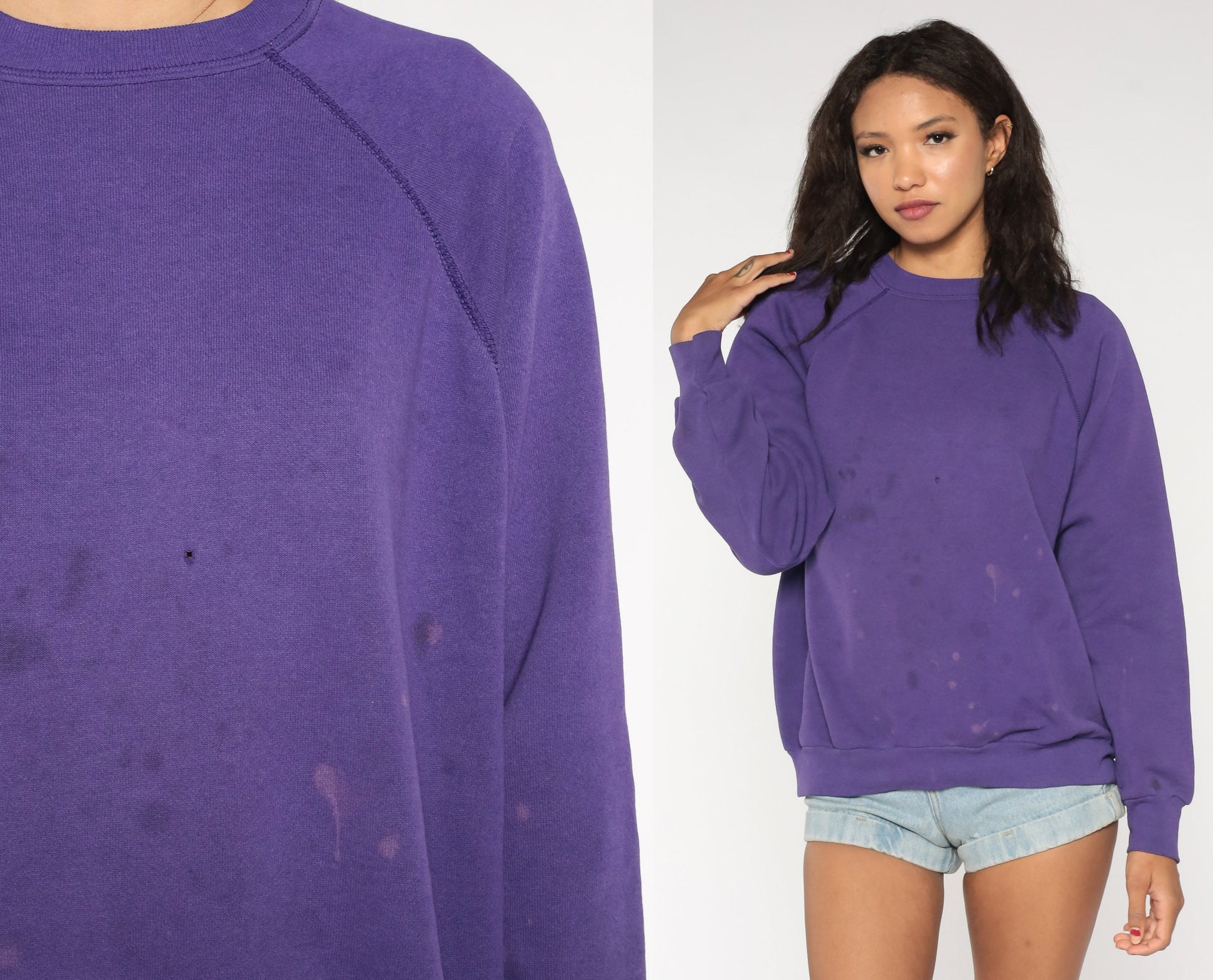 80s Purple Raglan Sweatshirt Distressed Crewneck Slouchy Large L