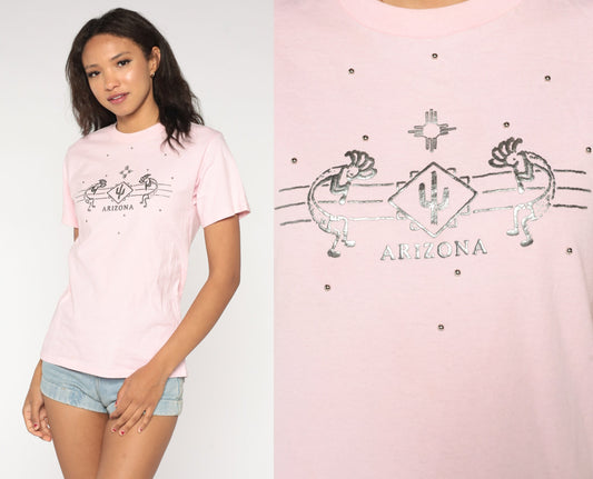 Y2K Arizona Kokopelli Graphic Tee Baby Pink Studded Small S