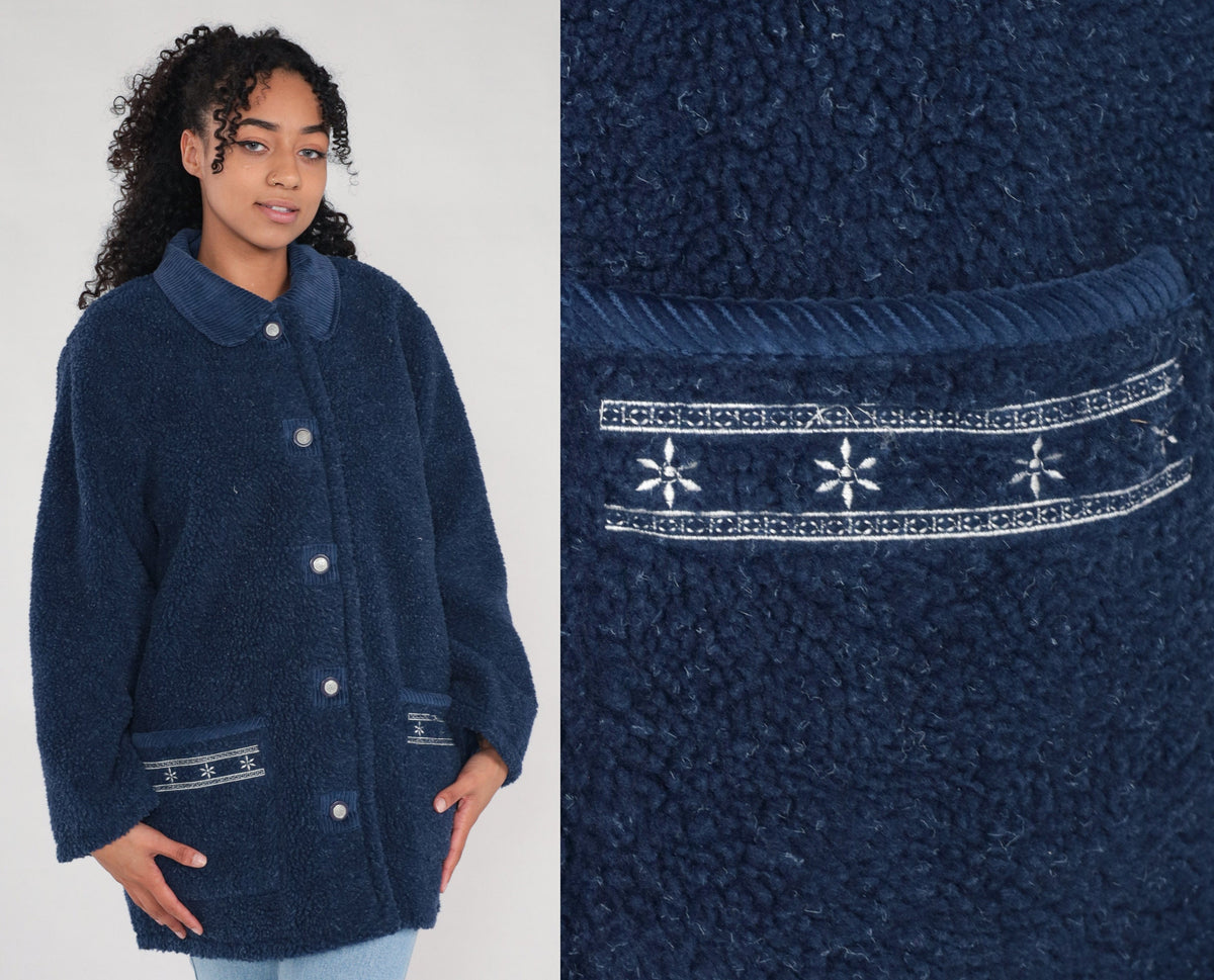 90s Reversible Fleece Jacket Navy Blue Corduroy Collar Extra Large 1X