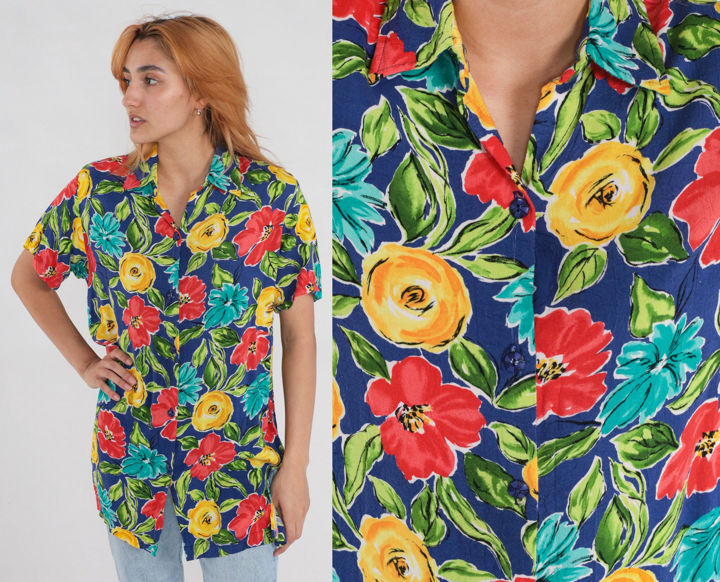 90s Floral Rayon Button-Up Blouse Short Sleeve Red Yellow Blue Small S