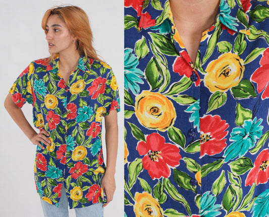 90s Floral Rayon Button-Up Blouse Short Sleeve Red Yellow Blue Small S