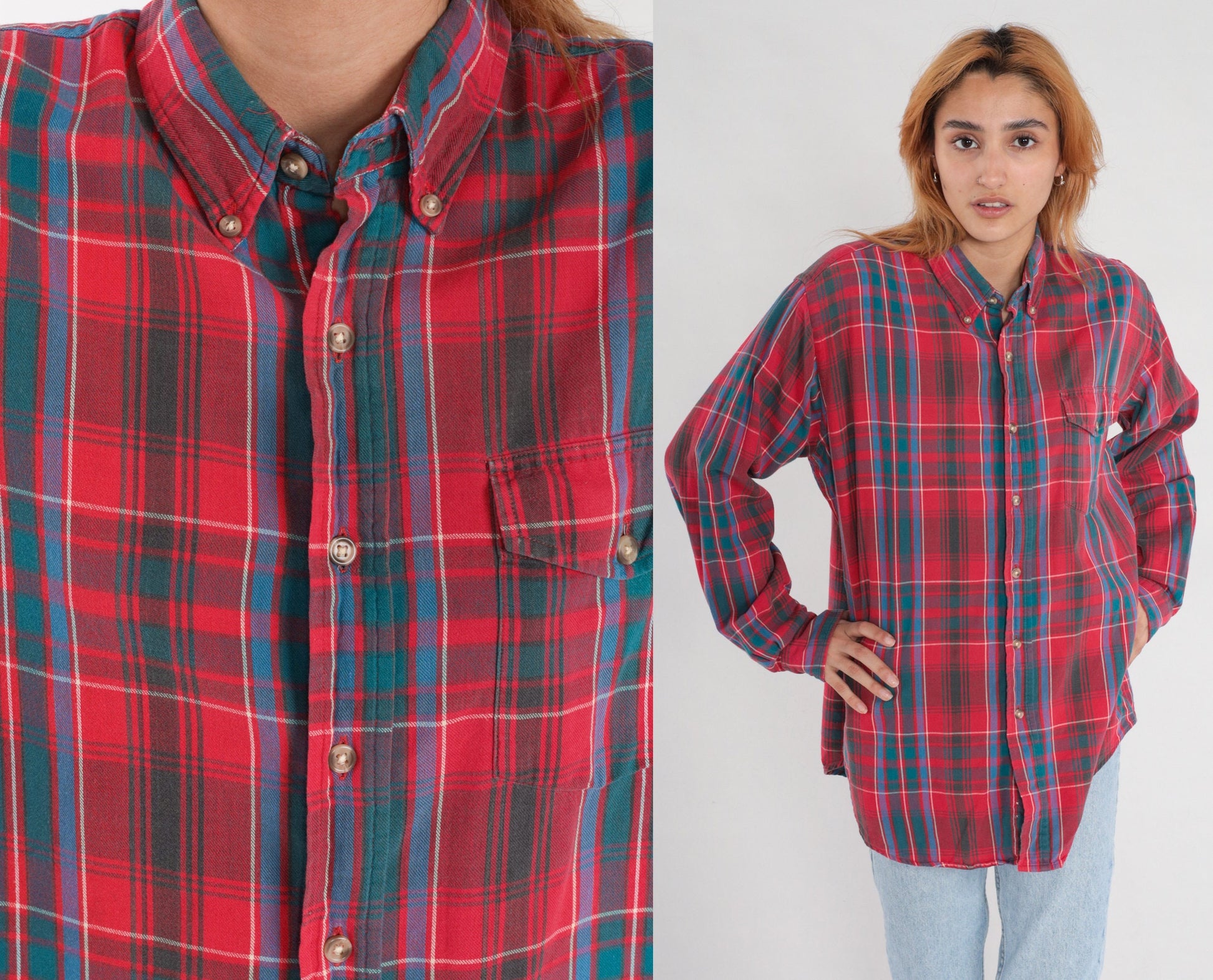 90s Woolrich Plaid Button-Up Shirt Red Blue Green Long Sleeve Extra Large XL