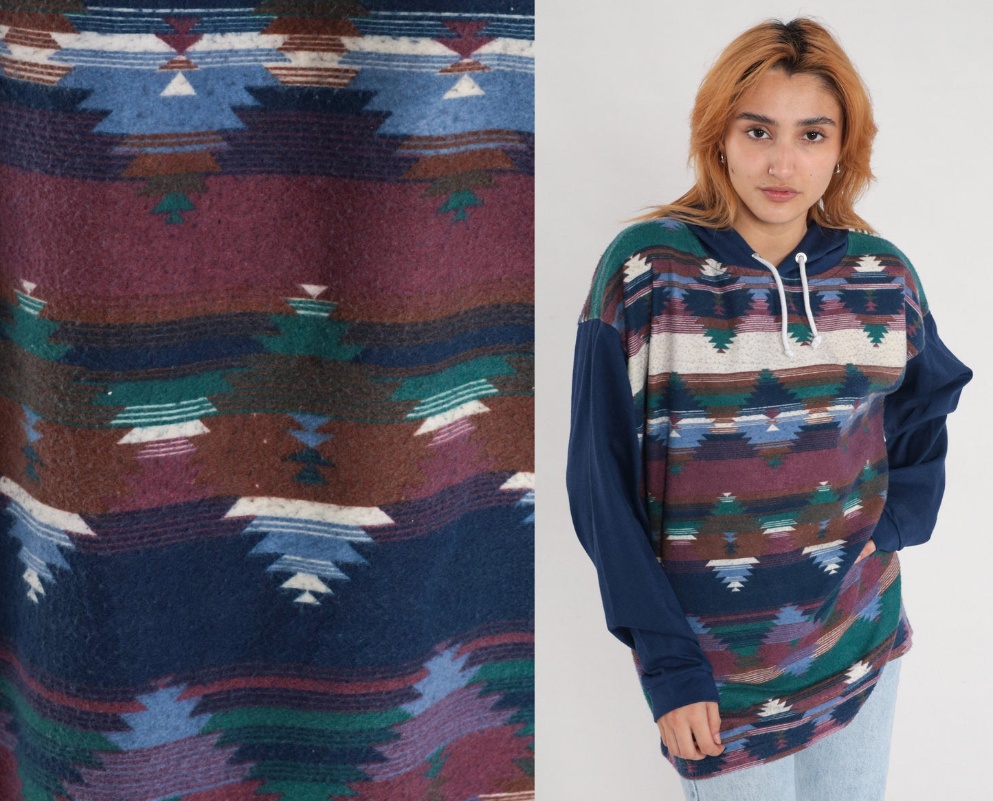 90s Southwestern Aztec Hooded Fleece Tee Dark Blue Cotton Large