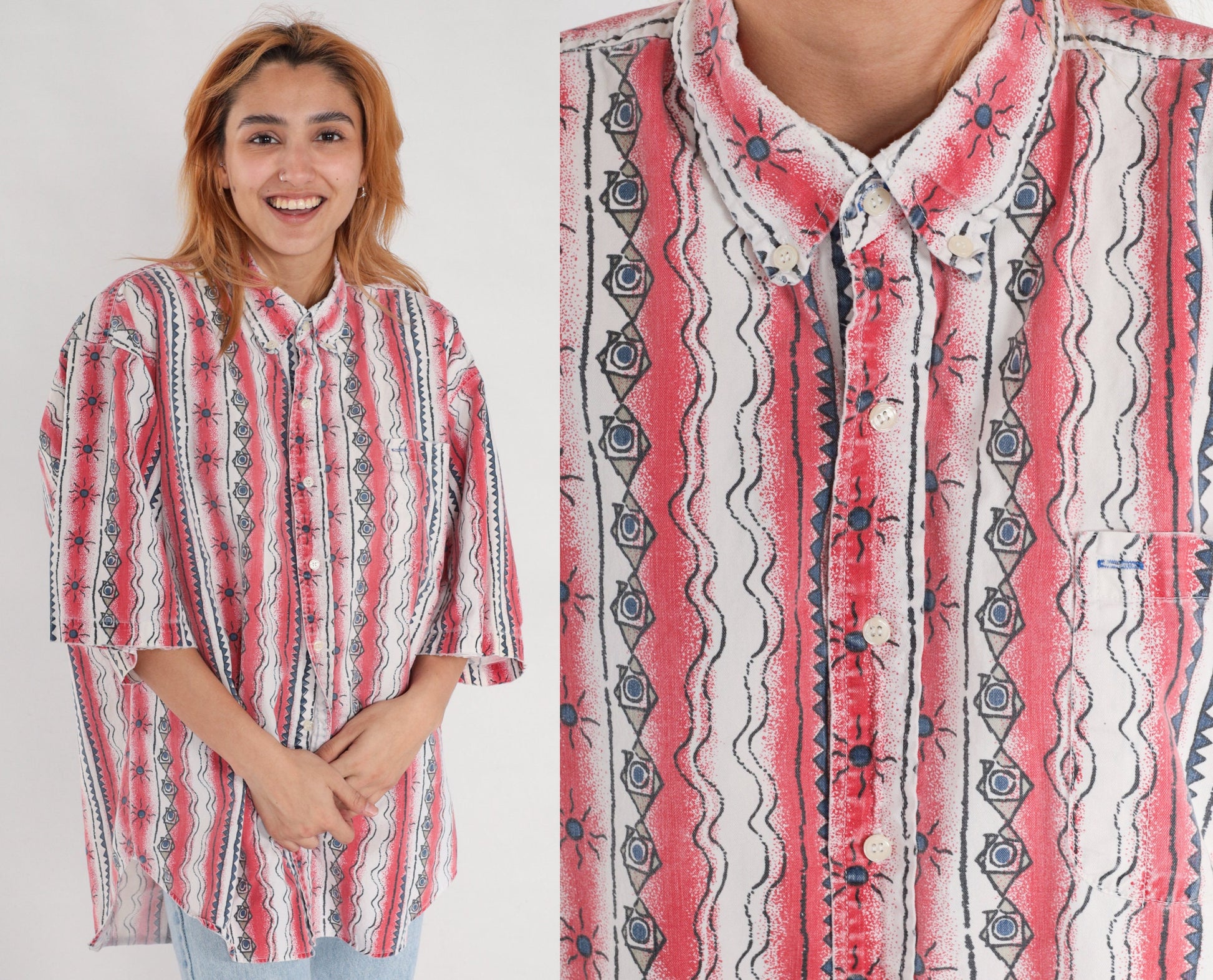 90s Celestial Red Striped Button Up Shirt Geometric Sun Print Extra Large