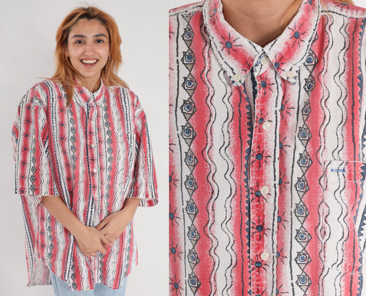 90s Celestial Red Striped Button Up Shirt Geometric Sun Print Extra Large