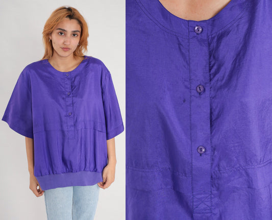 90s Leslie Fay Purple Button-Up Blouse Half Sleeve Banded Hem XXL