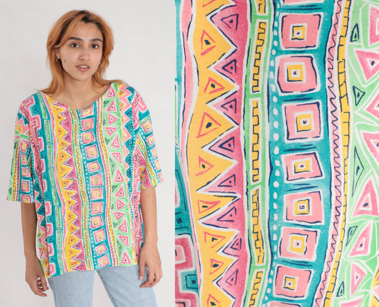 90s Geometric Striped T-Shirt Green Blue Pink Surfer Print Extra Extra Large XXL
