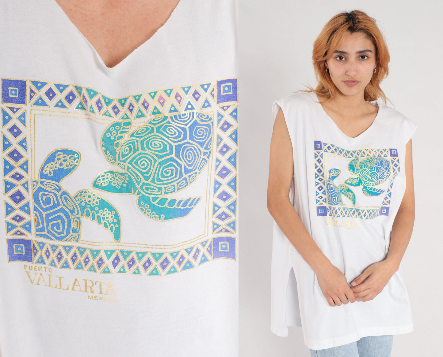 90s Puerto Vallarta Sea Turtle Tank Top White Gold Graphic Medium Large
