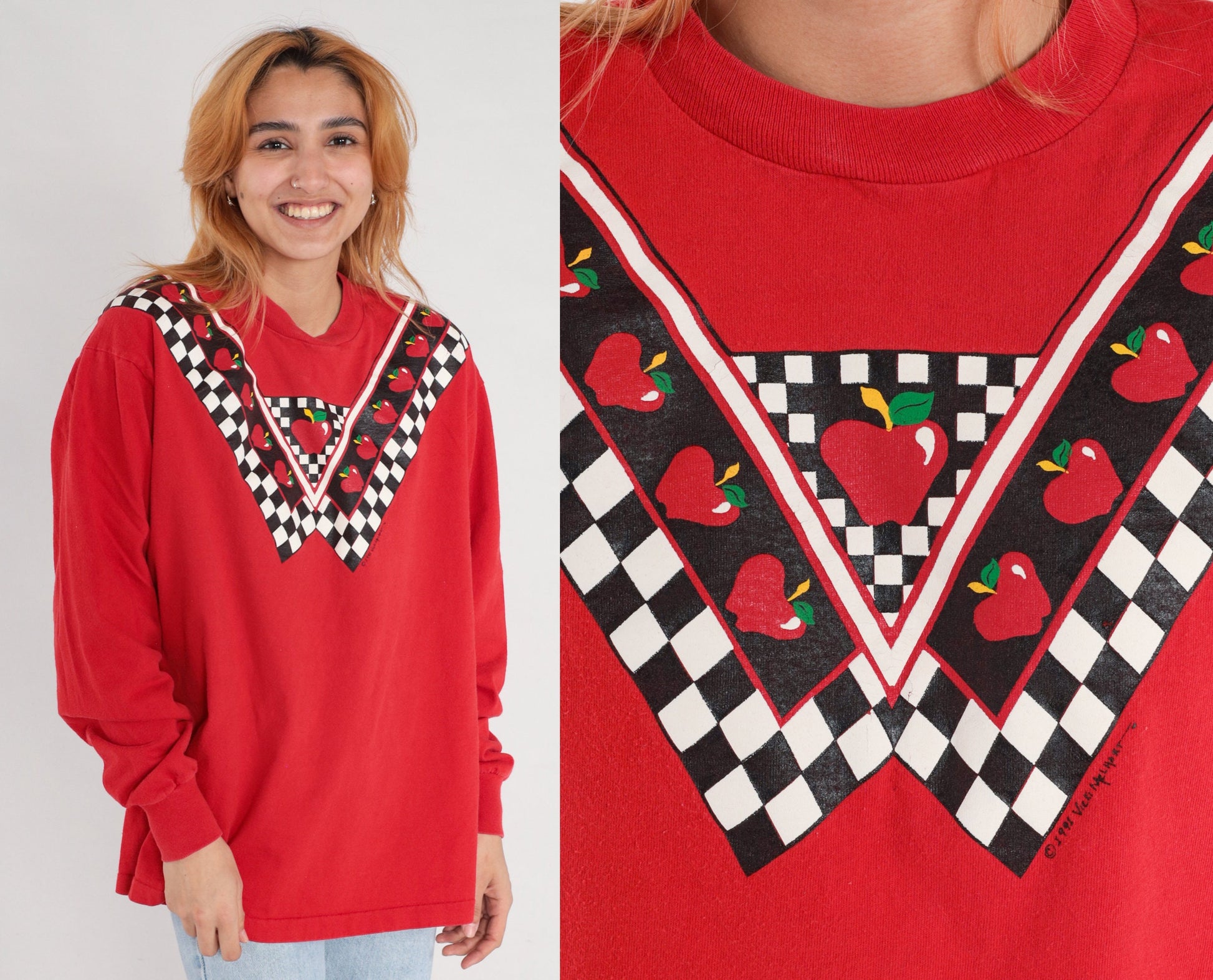 90s Apple Checkered Print Long Sleeve T-Shirt Red Extra Large XL