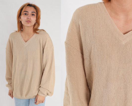 90s Tan Alpaca Wool V-Neck Sweater Pullover Knit Extra Large