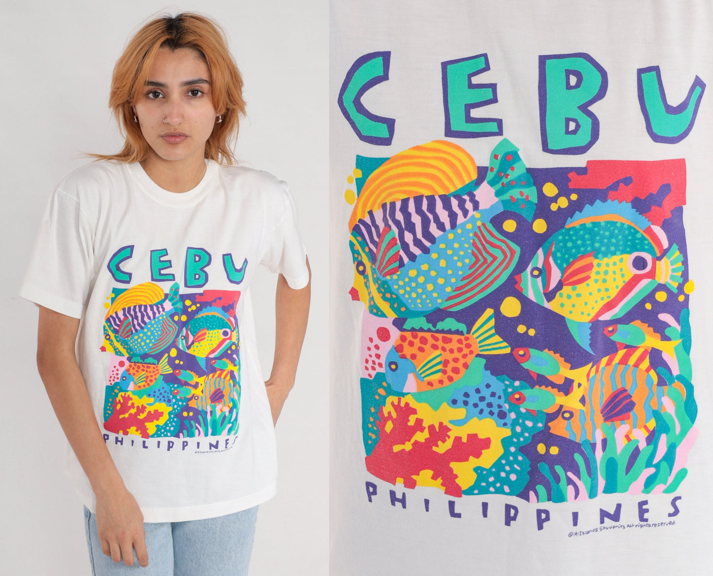 00s Cebu Philippines Tropical Fish Graphic Tee White Cotton Small