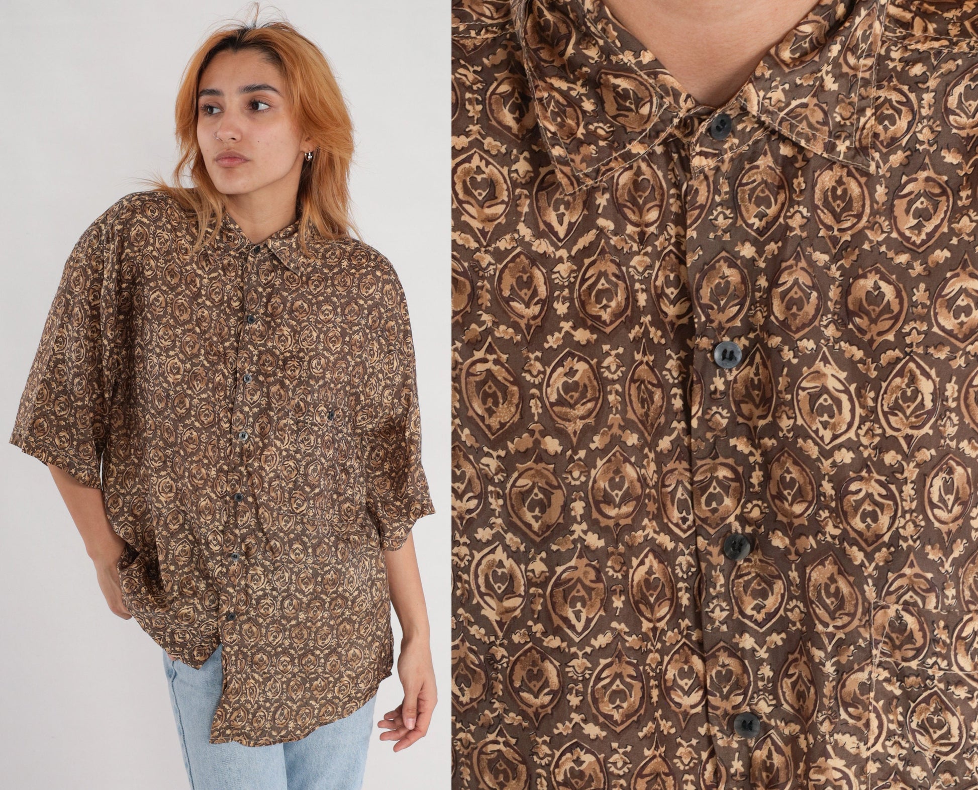 Y2K Brown Geometric Floral Silk Button-Up Shirt Short Sleeve Small S