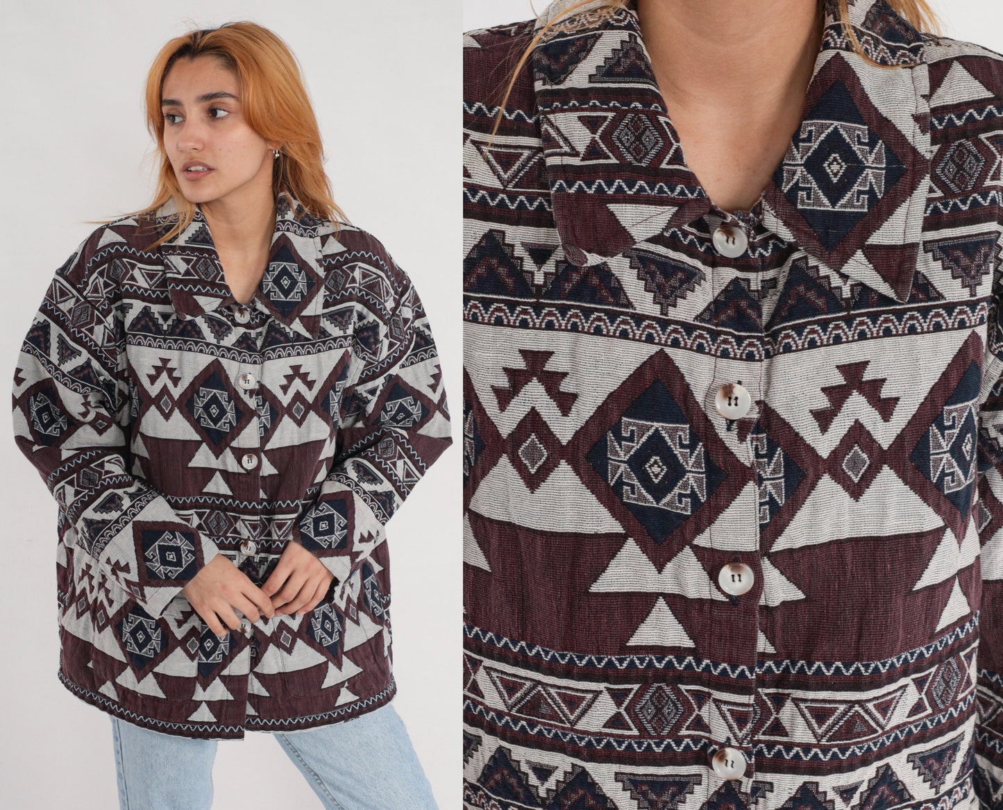 90s Southwestern Tapestry Jacket Brown Navy White Aztec Print Extra Extra Large XXL