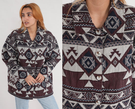 90s Southwestern Tapestry Jacket Brown Navy White Aztec Print Extra Extra Large XXL
