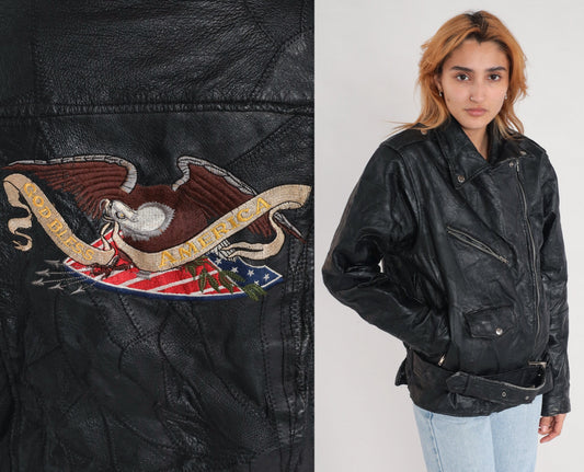 80s Black Leather Motorcycle Jacket Eagle Patch Men's Small