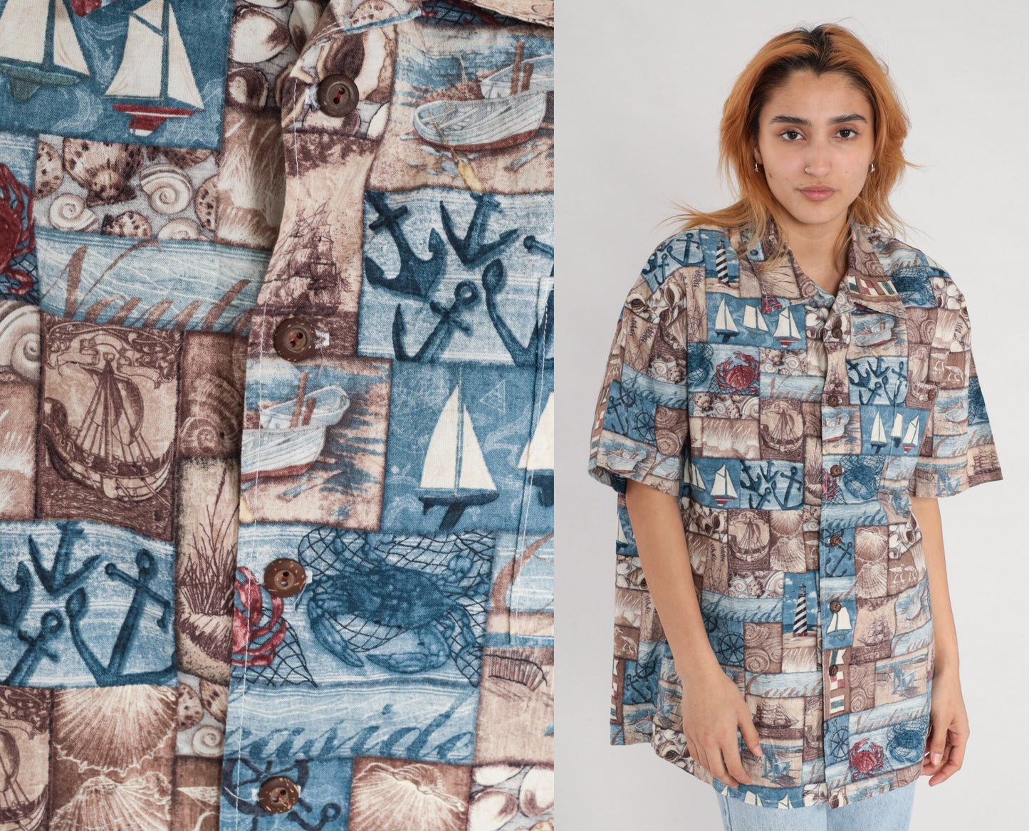90s Nautical Sailboat Button-Up Shirt Blue Short Sleeve Extra Large XL