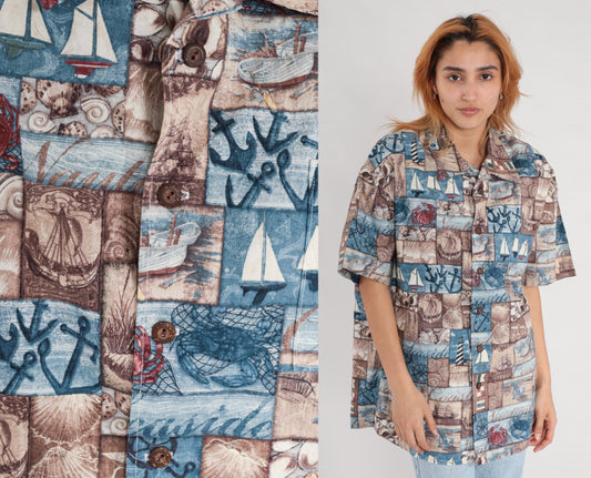 90s Nautical Sailboat Button-Up Shirt Blue Short Sleeve Extra Large XL