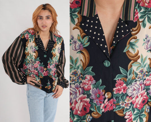 90s Carole Little Floral Button-Up Blouse Rayon Striped Balloon Sleeve Large