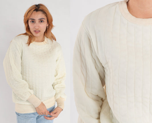80s Quilted Jacket Liner Cream Nylon Pullover Sweatshirt Medium