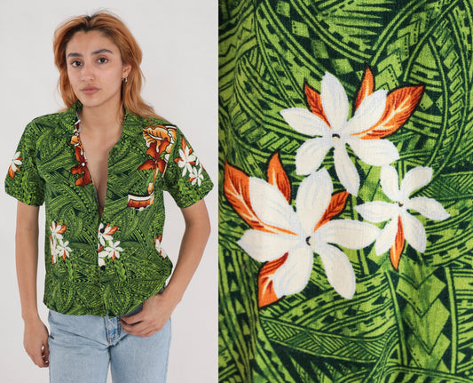 80s Tropical Floral Green Hawaiian Button-Up Blouse Short Sleeve Small
