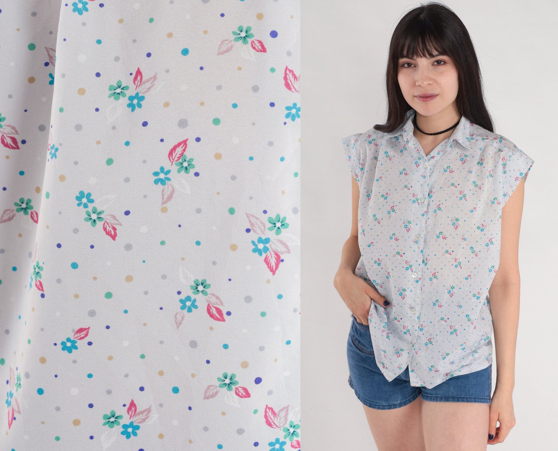 80s Floral Polka Dot Button-Up Blouse Blue Cap Sleeve Shirt Large L