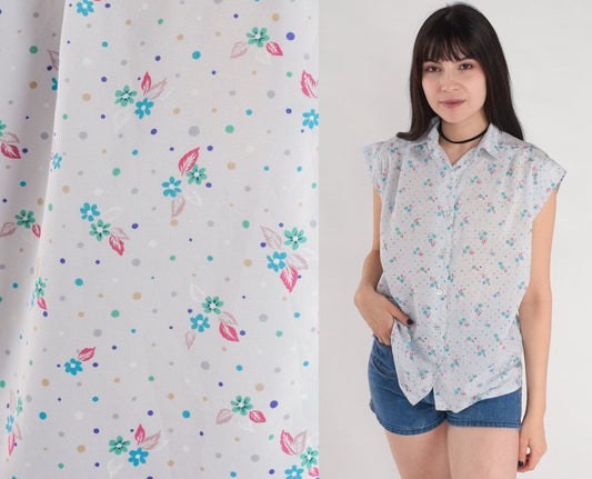 80s Floral Polka Dot Button-Up Blouse Blue Cap Sleeve Shirt Large L