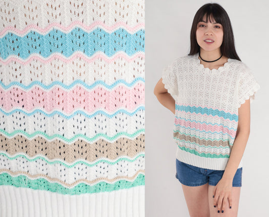80s White Striped Open Weave Knit Top Scalloped Short Sleeve Medium