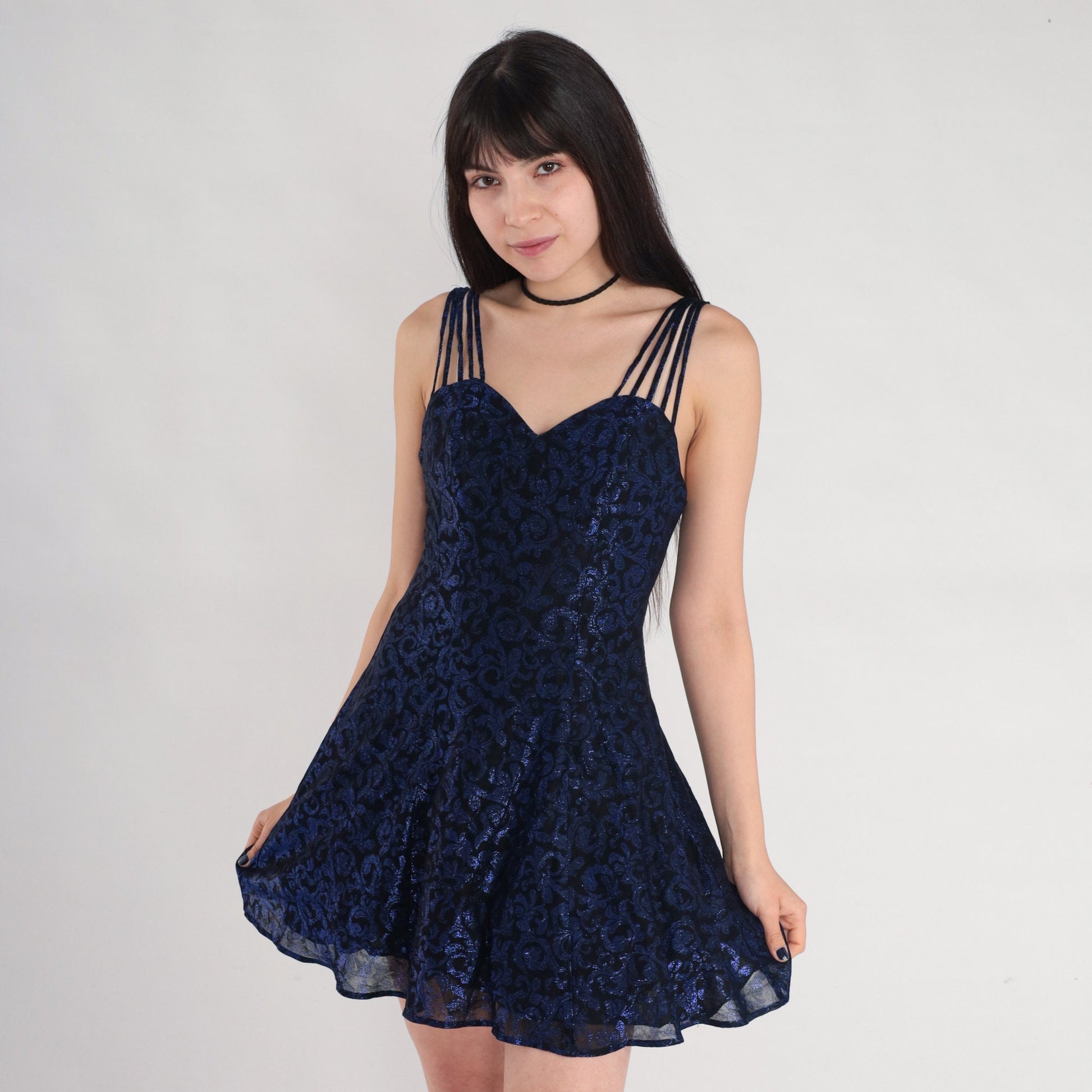 80s Black Metallic Blue Swirl Mini Dress Sweetheart Neckline XS