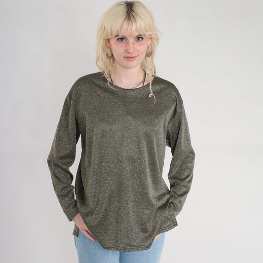 90s Gold Metallic Blouse Long Sleeve Side Slit Party Top Medium