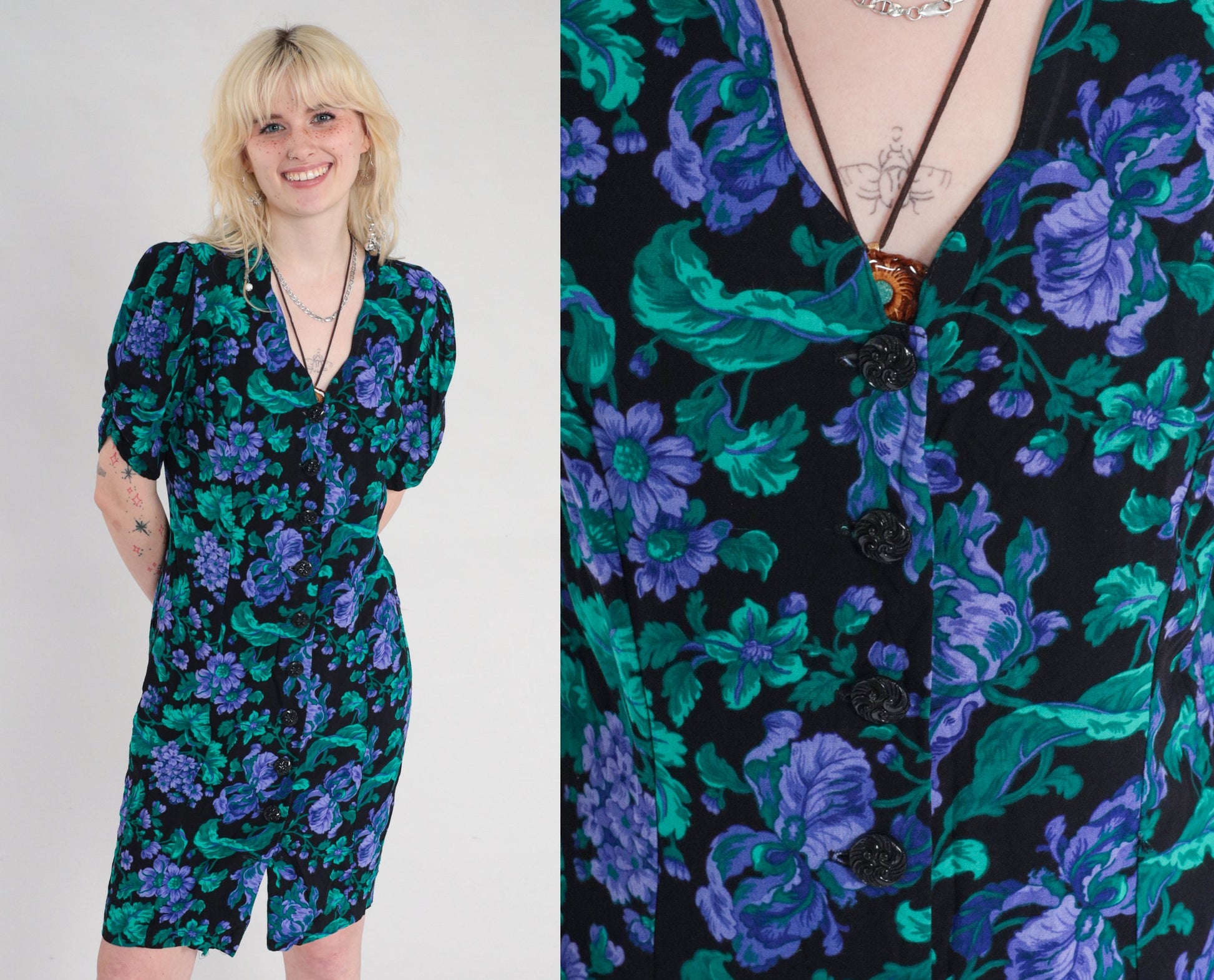 90s All That Jazz Floral Mini Dress Black Puff Sleeve V-Neck Medium