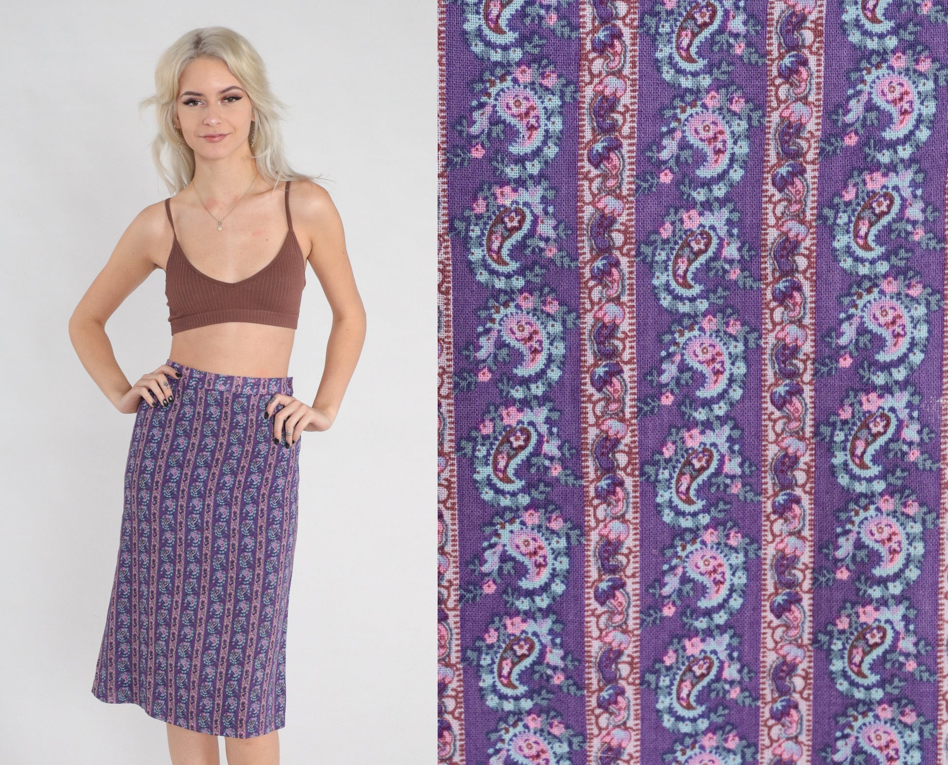 60s Purple Paisley Midi Skirt High Waisted Striped Floral Print Extra Small XS
