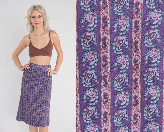 60s Purple Paisley Midi Skirt High Waisted Striped Floral Print Extra Small XS